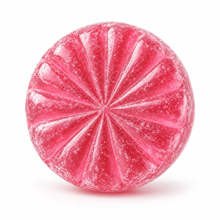 Pastille ronde rayonnée, bonbon rose clair en sucre cuit