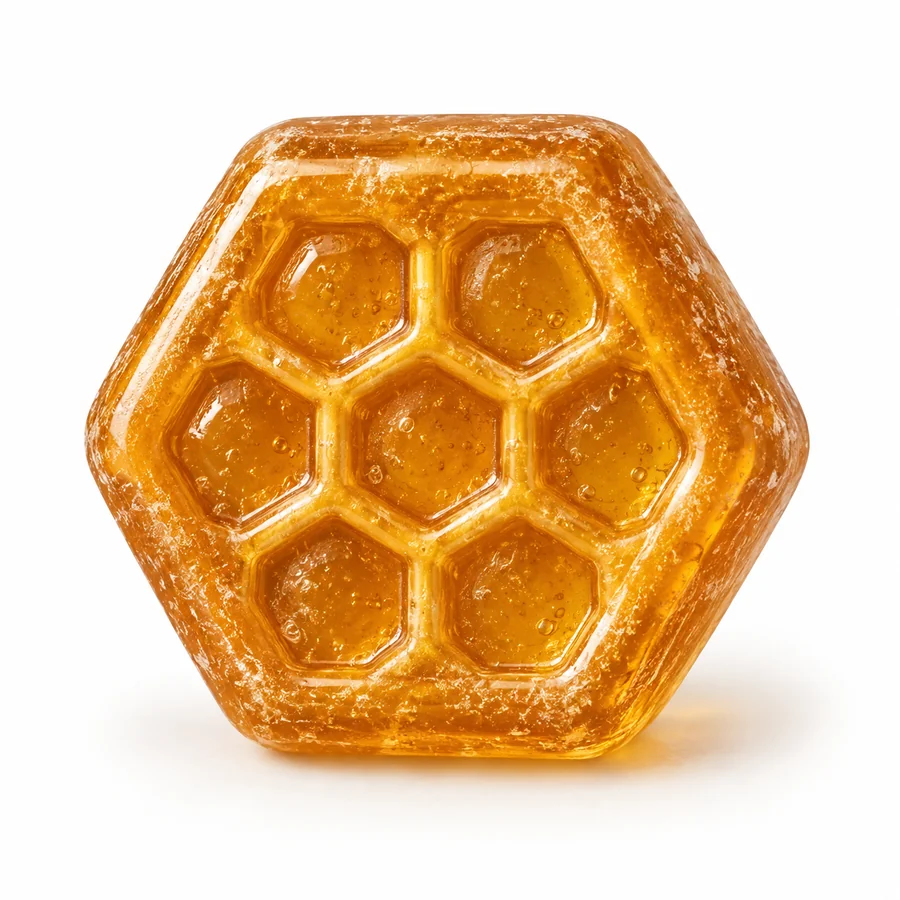 Ruche hexagonale, bonbon miel ambré en sucre cuit