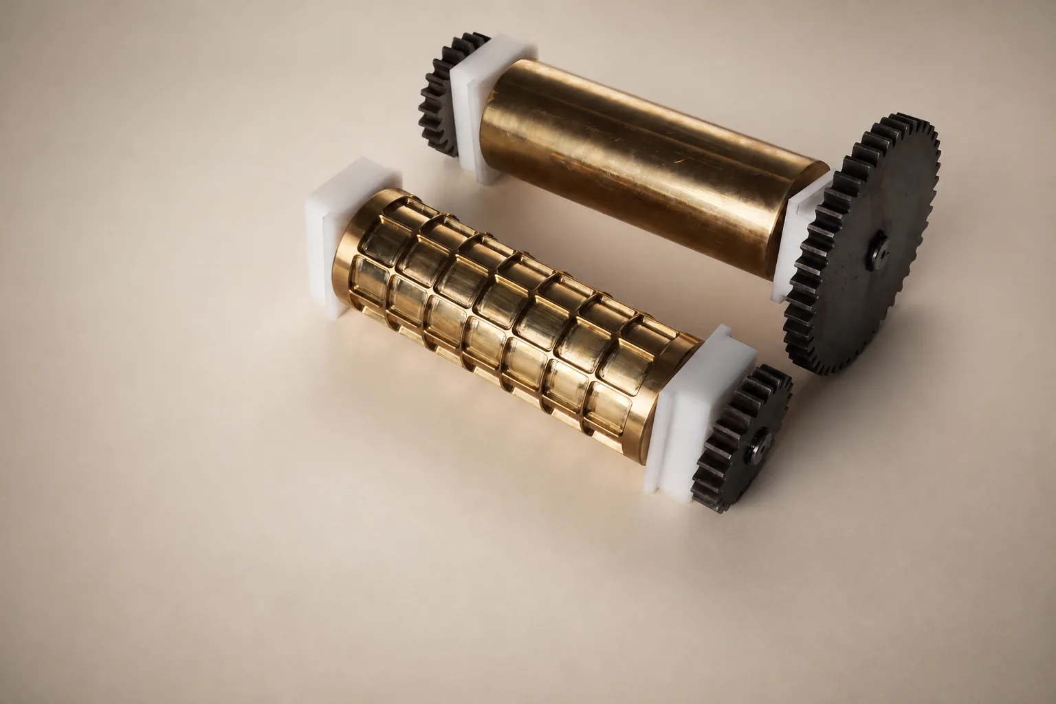 Paire de rouleaux en bronze avec engrenages